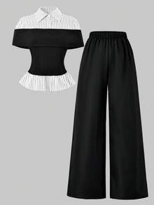 2件套少女黑色罗纹拼接上衣和休闲裤 - 黑色 - 查看 5