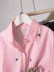 Summer  1pc Tween GirlsTurndown Collar Long Sleeve Cardigan Striped Shirt With Embroidered Front Pattern, Casual Top For Autumn - Pink - View 5