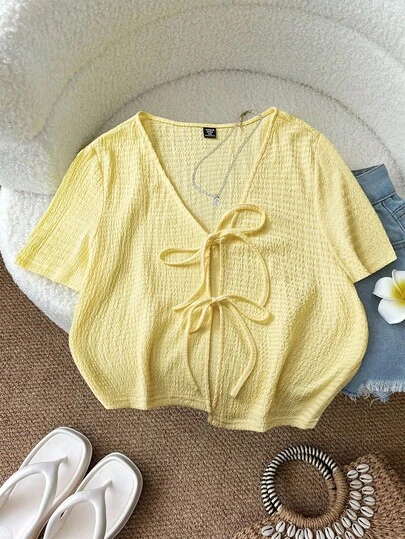 SHEIN LUNE 大码女式夏季纯色前系带休闲短袖衬衫