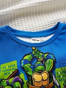 TEENAGE MUTANT NINJA TURTLES | SHEIN Ensemble pyjama avec Top à col rond à manches courtes et short imprimé de dessins animés pour jeune garçon - Bleu azur - Voir 3