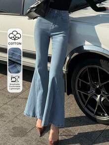 DAZY 女士口袋纽扣休闲百搭日常喇叭牛仔裤 Y2k - 中等水洗藍 - 查看 1