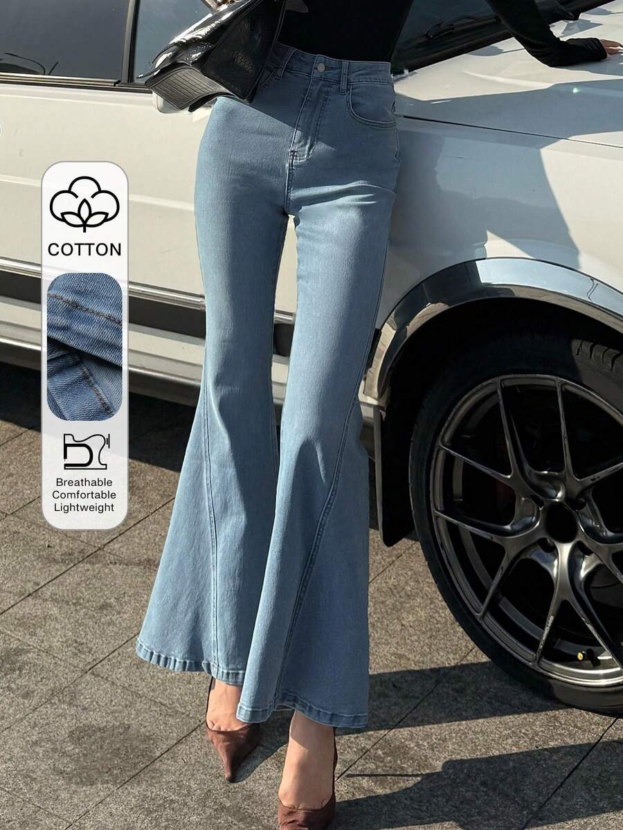 DAZY 女士口袋纽扣休闲百搭日常喇叭牛仔裤 Y2k - 中等水洗藍 - 查看 1