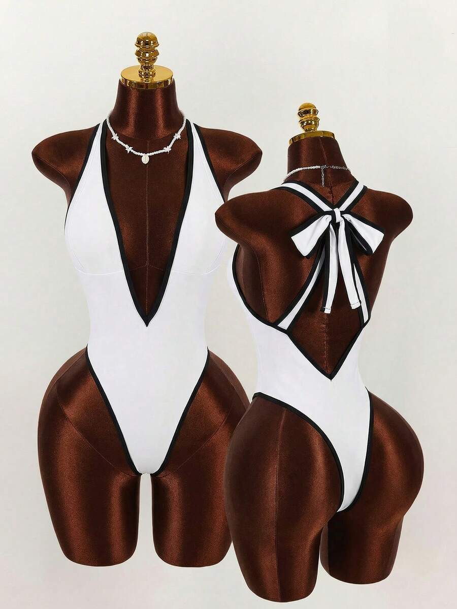 Amplova 女士性感连体泳衣，黑白撞色，紧身设计，深V领，露背蝴蝶结装饰，适合情人节高端穿搭 - 白色 - 查看 1