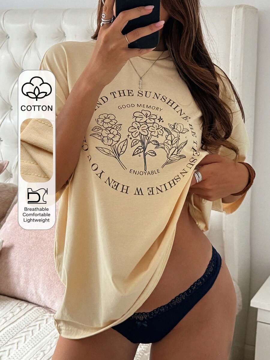 DAZY Women's Summer Round Neck Loose Pullover Printed Casual T-Shirt Graphic Tees Women - Pale Yellow - View 1