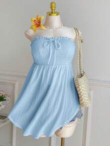 Comfortcana Plus Size Asymmetric Hem Lace Hollow Out Jacquard Tie Front Ruffle Trim Tube Top, Light Blue, Spring/Summer - Baby Blue - View 7