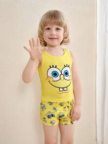 SpongeBob SquarePants | SHEIN 男童卡通印花背心和短裤套装 - 黃色 - 查看 1