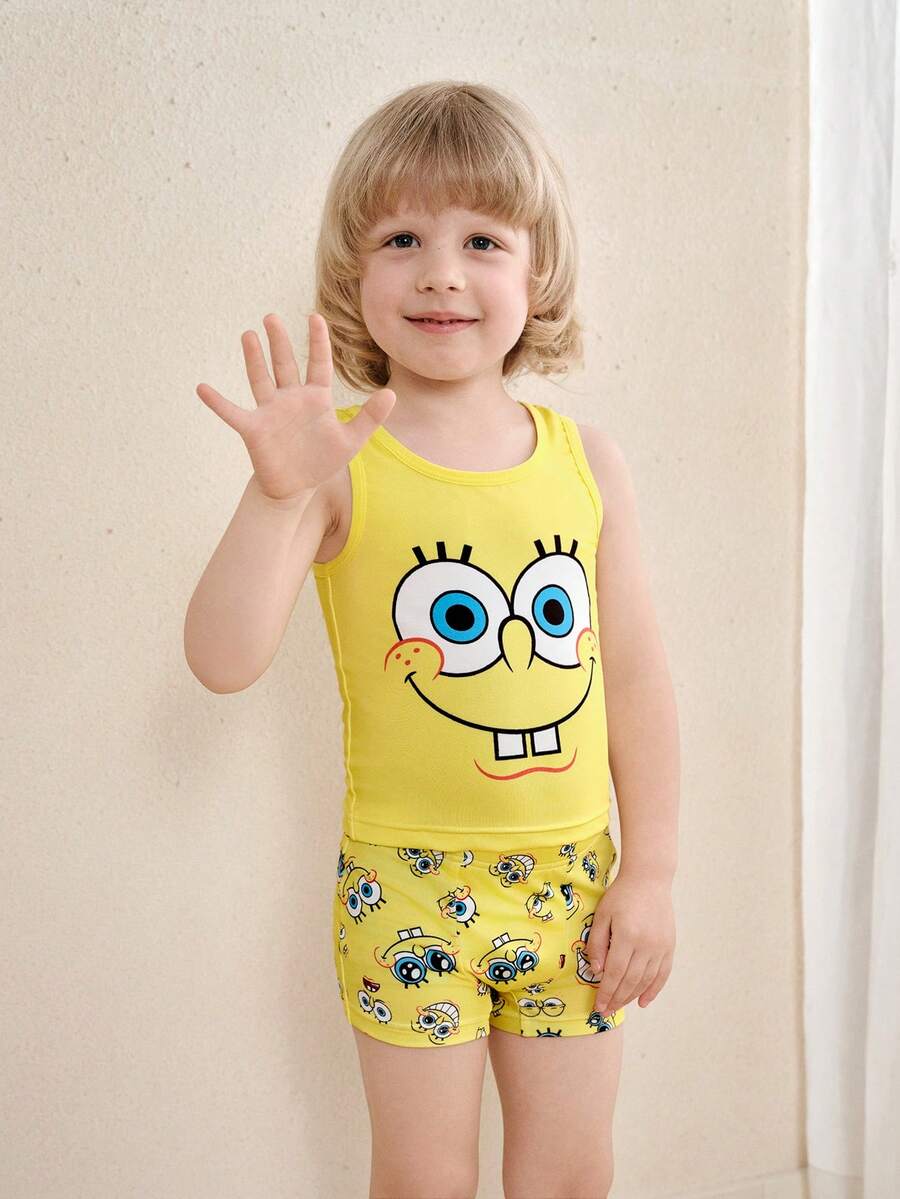 SpongeBob SquarePants | SHEIN 男童卡通印花背心和短裤套装 - 黃色 - 查看 1