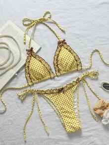 Swim Mod 2pcs/Set Brown And Yellow Polka Dot Bikini,Summer Cute Retro Vintage Beach Holiday Ruffle Bow Halter Triangle Top Side Tie Bathing Suit - Yellow - View 4