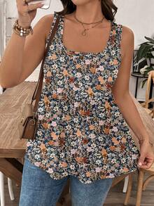 EMERY ROSE Tank Top Kasual Wanita Ukuran Besar dengan Motif Bunga dan Hem Berkerut, Cocok untuk Musim Panas - MultiWarna - View 5
