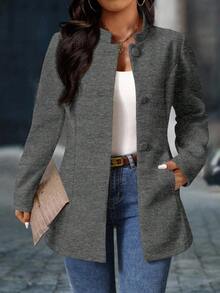SHEIN PETITE CURVE 大码女式优雅立领带口袋大衣 - 深灰色 - 查看 3