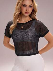 Eassivo Eassivo 女士时尚休闲优雅健身跑步户外宽松透气露背短袖瑜伽运动上衣，夏季 - 黑色 - 查看 5