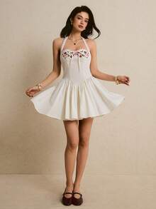 Poéselle Women's Spring/Summer Floral Embroidered Mini Dress, Romantic Vacation/Date Outfit - White - View 4