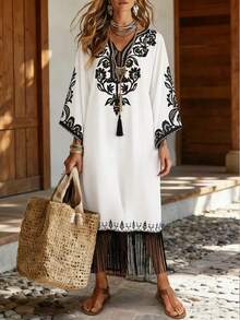 EMERY ROSE Women's Floral Print V-Neck Flare Sleeve Loose Vacation Dress - Multicolor - View 8