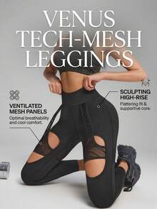 Innovista Pantalones de baile ajustados de cintura alta con parches de malla hueca de unicolor de talla estándar - Negro - Ver 7