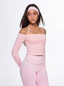 Eassivo Eassivo 女士纯色露背修身休闲日常运动T恤 - 粉色 - 查看 3