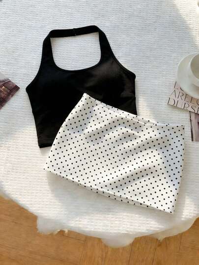 Franclia 黑白撞色波点吊带两件套，时尚优雅女士度假、海滩、夏季服装