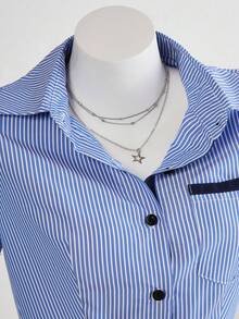 Lalippa Women Blue And White Striped Short Sleeve Shirt Regular Length Casual Woven Fabric Blouse With Shirt Collar - Blue and White - View 7