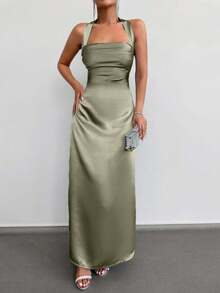 EURMUSE Solid Halter Neck Backless Satin Maxi Dress - Mint Green - View 4