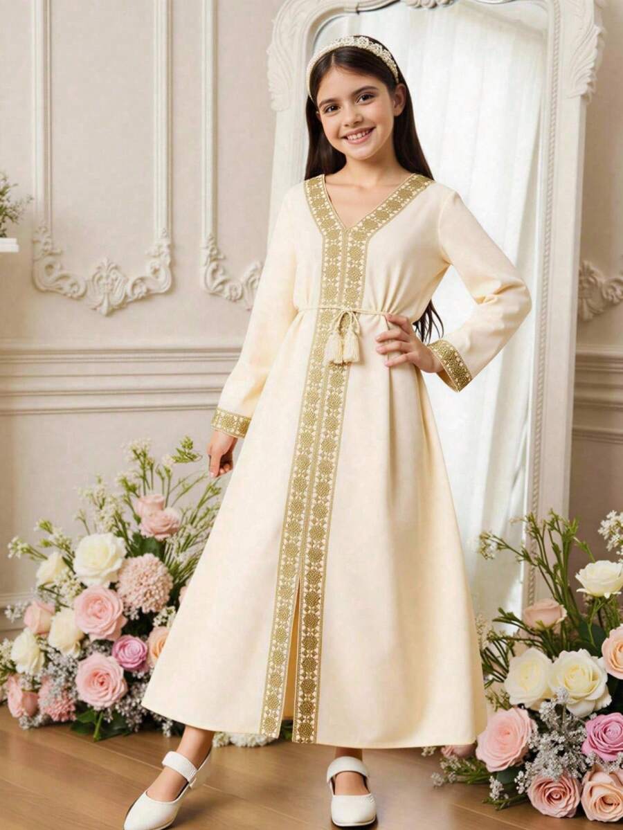 Girls' Long Formal Dress, Elegant Ball Gown - Khaki - View 1