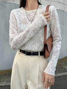 FRIFUL 女款圓領蕾絲布料修身喇叭袖純色休閒T恤 夏季長袖 - 杏色 - 查看 4