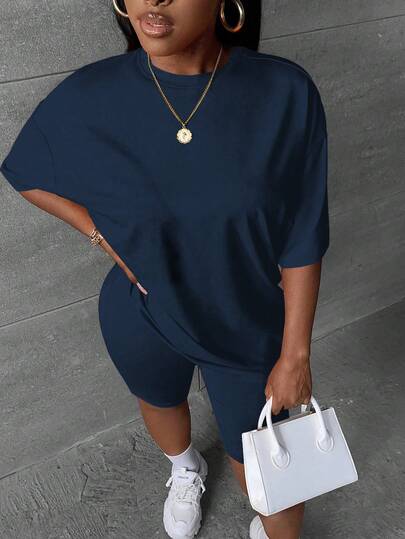 Slaydiva Plus Size Summer Casual Solid Color T-Shirt And Shorts 2 Pieces Set