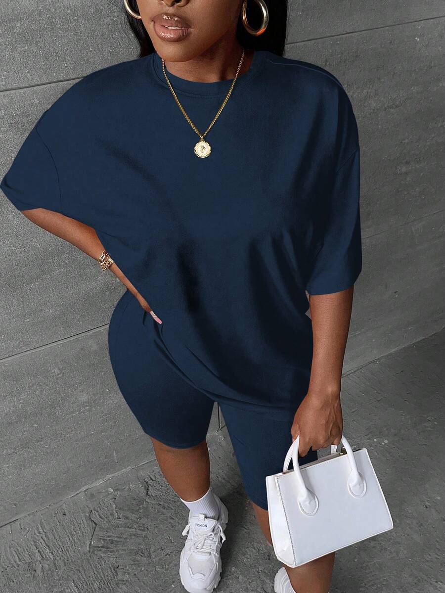 Slaydiva Plus Size Summer Casual Solid Color T-Shirt And Shorts 2 Pieces Set - Navy Blue - View 1