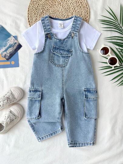 幼儿男童浅蓝色牛仔宽松背带连体裤