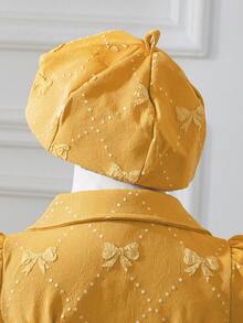 Souflis Souflis Baby Girls' Dreamy Yellow Bow Textured Elegant Classic Dress With Beret Hat - Yellow - View 5