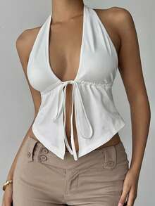 EMERY ROSE Y2K 宝贝风纯棉 V 领系带露背吊带背心，性感又可爱优雅的夏季女式上衣 - 白色 - 查看 7