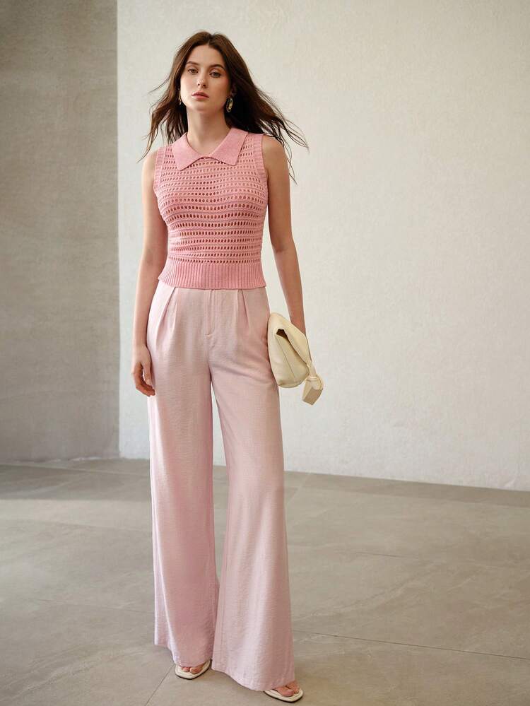 LINEN FABRIC CASUAL WIDE-LEG PINK PANTS WITH BUCKLE WAISTBAND