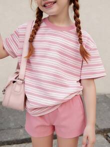 2件套少女休闲彩色条纹圆领短袖T恤和粉色短裤套装，适合日常穿着 - 粉色 - 查看 3