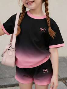 2pcs/Set Tween Girl Spring/Summer Casual Fashion Black & Pink Ombre Bow Print T-Shirt & Shorts Set - Multicolor - View 1