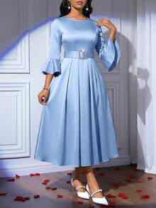 SHEIN Lady Women's Blue Round Neck Flare Sleeve Elegant Mid-Length Dress - Blue - View 3