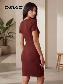 DEVIT Vestido Rib Básico Midi Ajustado de Manga Corta con Cuello Redondo - Vino - Ver 5