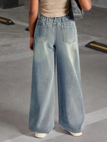 Explorewe Loose Fit Vintage Washed Denim Wide Leg Jeans For Tween GirlsCasual Style, Elastic Waist, Suitable For Vacation, Music Festival, School, Commute, Party And Other Occasions - Blue - View 2