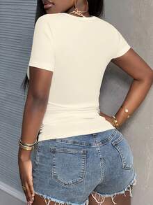 Slaydiva Plus Size Solid Color Square Neck Short Sleeve T-Shirt - Apricot - View 2