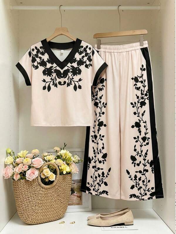 SHEIN LUNE Conjunto informal de 2 piezas de talla grande para mujer con blusa de cuello en V y estampado floral de manga corta, y pantalón de pierna ancha