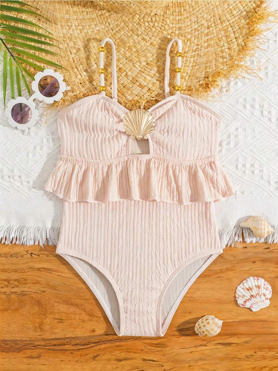 女童荷叶边连体泳衣,适合夏季度假和海滩穿着 - 杏色 - 查看 1