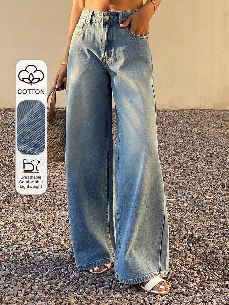 Women's Low Waist Washed Loose Straight Leg Jeans, Casual Street Style