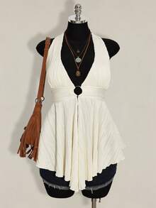 SHEIN ICON Plus Size Y2K Style Hollow Out Asymmetrical Hem Babydoll Halter Neck Knit Camisole - Apricot - View 1