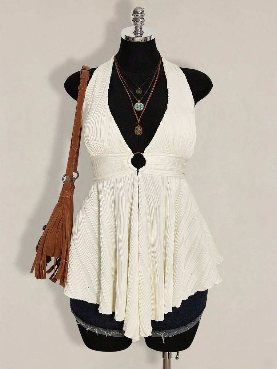 SHEIN ICON Plus Size Y2K Style Hollow Out Asymmetrical Hem Babydoll Halter Neck Knit Camisole - Apricot - View 1