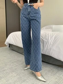 Dazy Tall Tall Women's Textured Plaid Loose Straight Leg Casual Jeans - Medium Wash - View 2