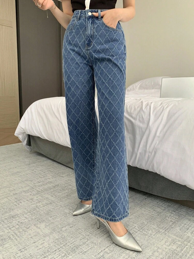 Tall Women's Textured Plaid Loose Straight Leg Casual Jeans
