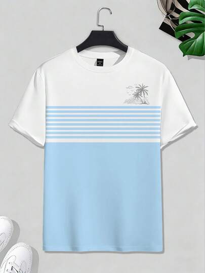 Manfinity RSRT 夏威夷风情椰树条纹印花T恤，男士夏季沙滩度假圆领短袖上衣