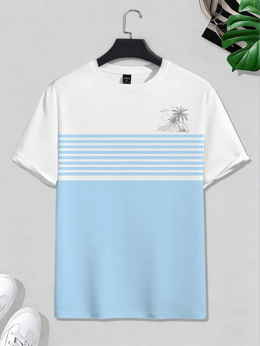 Manfinity RSRT 夏威夷风情椰树条纹印花T恤，男士夏季沙滩度假圆领短袖上衣 - 彩色 - 查看 1