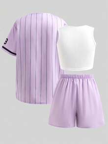 SHEIN 三件套少女时尚运动套装 - 黑色条纹复古字母印花宽松外套衬衫、白色修身吊带背心、黄色短裤 - 淡紫色 - 查看 2