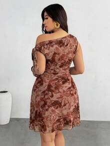Firerie Plus Size Women's Summer New Floral Asymmetrical Shoulder Sexy Elegant Vacation Mini Dress, Mesh Tie Dye Floral Stretch Dress, Asymmetric Neck Dress, Spring/Summer Clothing, Beach Outfit, Elegant, Sexy, Vacation, Beach, Hawaii, Date, Party, Music Festival, Graduation Dress, Prom - Brown - View 2