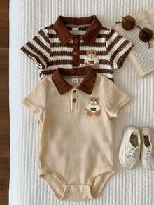SHEIN Bộ đồ liền thân tay ngắn cổ bẻ phối màu tương phản dễ thương cho bé sơ sinh unisex, thích hợp mặc mùa xuân/hè. - Màu Khaki - Xem 5