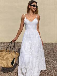 Livesso 女士无袖V领荷叶边下摆中长连衣裙，优雅百搭，适合假日、派对、度假、复活节等夏季场合。 - 白色 - 查看 9