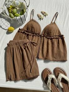Comfortcana Brown Plus Size Women's Lace Trim Camisole And Shorts 2 Pieces Set - Brown - View 4